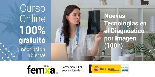 médica joven con bata blanca y estetoscopio revisando una radiografía, forma parte del cartel anunciador del curso gratuito de femxa sobre tecnologías en el diagnóstico por imagen