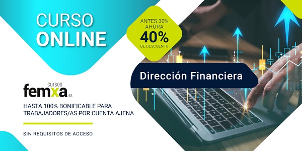 Ordenador portátil, gráficos y una mano tecleando en el cartel anunciador del curso online de dirección financiera de Femxa