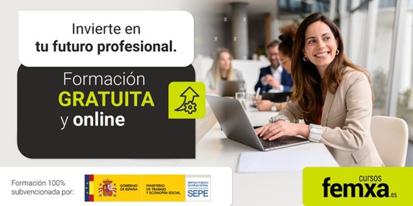 Información sobre cursos online gratuitos de Gestión Empresarial joven empresaria con un portátil, imagen del cartel de formación gratuita y online de Femxa