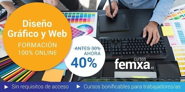 Portátil y tableta gráfica de diseño en un cartel de la formación online privada de femxa en diseño gráfico