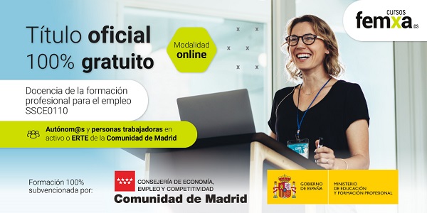 docente en una clase de formación para el empleo en un cartel anunciador del curso de docencia de cursos femxa