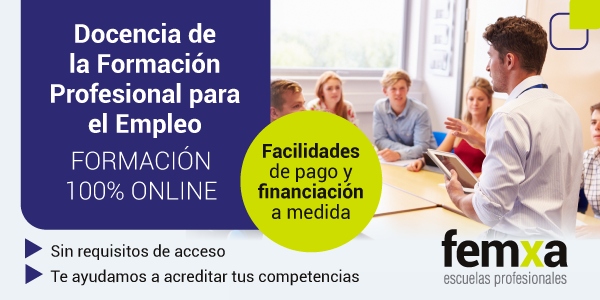 Profesor ante alumnos, imagen que forma parte del cartel anunciador del curso de Docencia de la Formación Profesional para el empleo