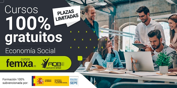 trabajadores de una entidad de economía social en una oficina, forma parte del cartel anunciador de cursos femxa 