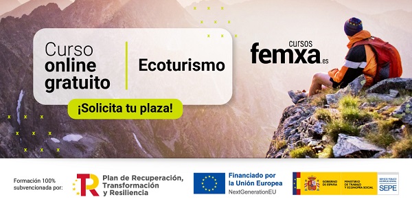 Viajero en una montaña como fondo del cartel anunciador del curso online gratuito sobre ecoturismo