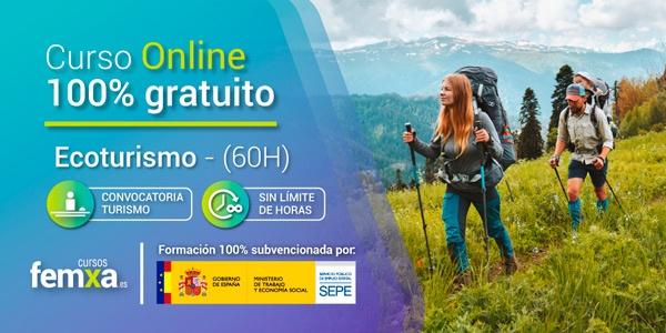 cartel que anuncia el curso de ecoturismo con imagen de turistas en la naturaleza