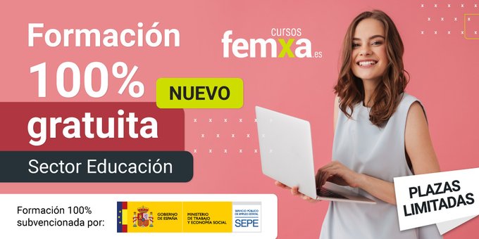 chica rubia con un portátil en el cartel de formación gratuita para el sector educación de cursos femxa