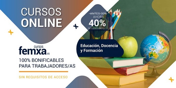 Cartel anunciador de los cursos de educación y docencia de femxa, se visualiza un globo terráqueo, libros y una manzana.