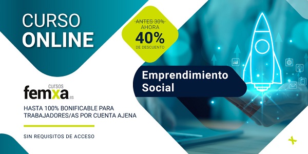 Cohete e iconos empresariales insertados en el cartel de cursos femxa que promociona el curso de emprendimiento social.