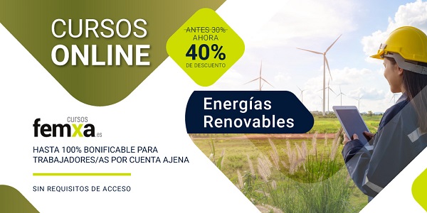 Cartel anunciador de los cursos de Femxa de energías renovables, se ve a una ingeniera en una instalación de energía eólica