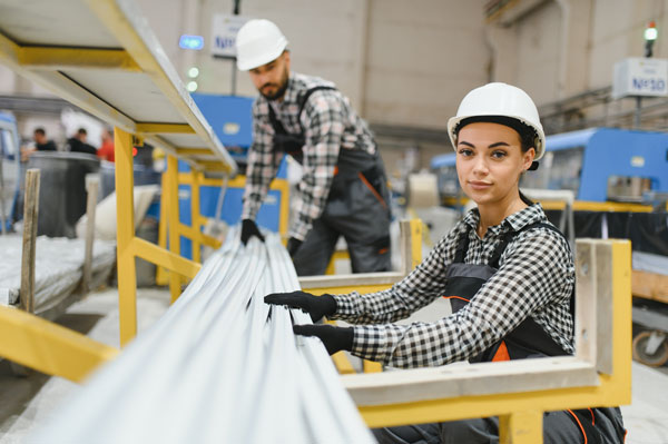 Dos operarios trabajando en una fábrica con sus EPIs; Casco y guantes