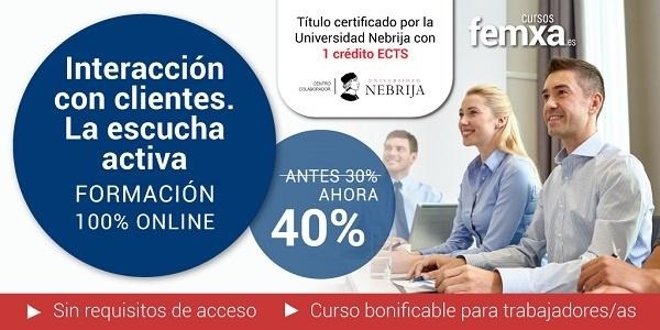 Cartel anunciador del curso online Interacción con clientes, la escucha activa, se ve a personas atendiendo a una explicación
