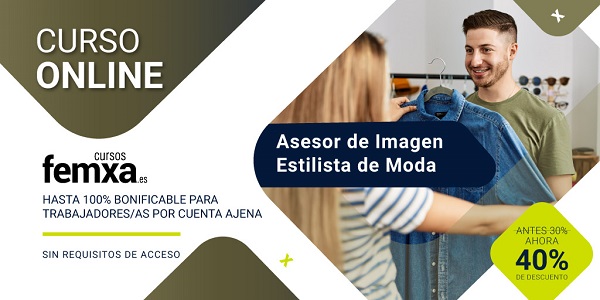 Cartel anunciador del curso de asesor de imagen y estilista de moda, se ve a una chica recomendando ropa a un chico