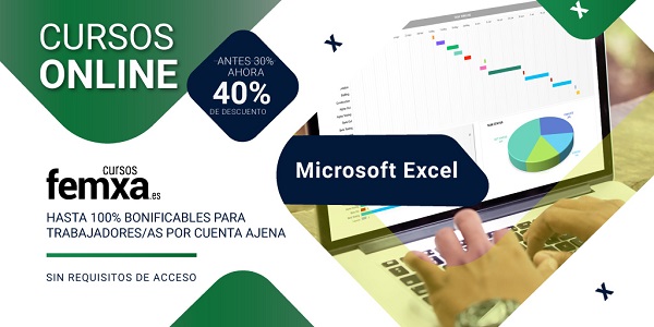 cartel anunciador de los cursos de excel, se ve un portátil con una hoja de cálculo