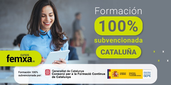 chica joven haciendo un curso online en una tablet, la imagen forma parte del cartel anunciador de los cursos subvencionados de cataluña de femxa