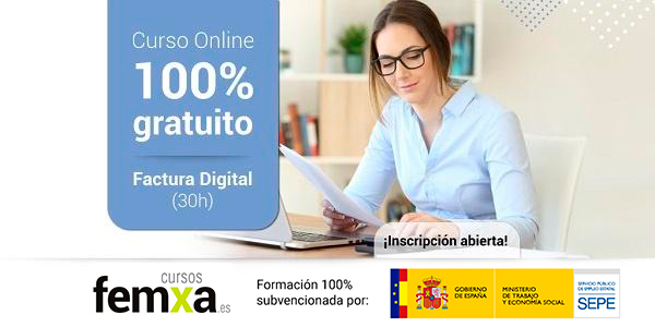 chica joven en oficina haciendo la facturación digital, imagen inserta en el cartel anunciador del curso de factura digital