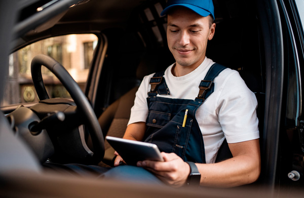 Conductor autónomo con una tablet en su automóvil profesional