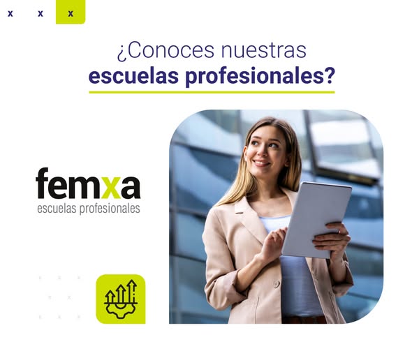 chica con una tablet en el cartel de Femxa Escuelas Profesionales