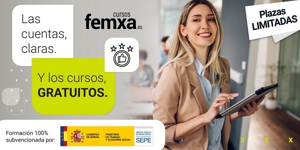 chica rubia realizando un curso en una tablet, imagen insertada en el cartel anunciador de los cursos gratuitos para el sector de finanzas y seguros