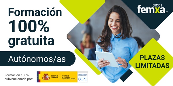 cartel anunciador de los cursos gratuitos para autónomos de femxa, se ven los logos del ministerio de trabajo y una chica haciendo un curso en una tablet