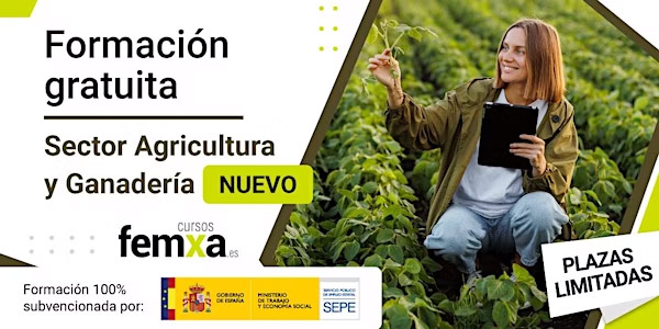 Cartel anunciador de los cursos de agricultura y ganadería, se ve a una técnica en un campo con una tablet