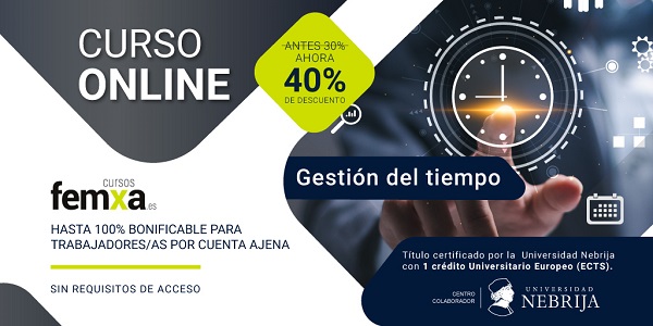 Cartel anunciador del curso online de Femxa sobre Gestión del Tiempo y Productividad personal
