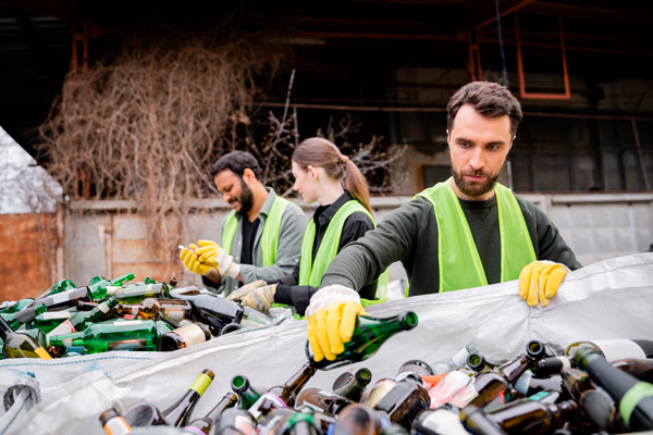 Joven con barba y chaleco verde en un saco de reciclaje lleno de botellas de vidrio