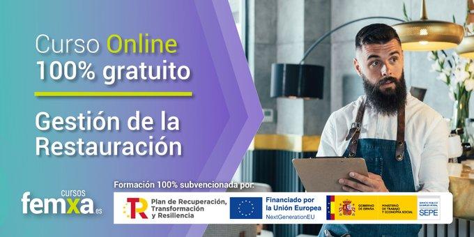 cartel anunciando el curso de gestión de la restauración con foto de persona de hostelería trabajando en un restaurante