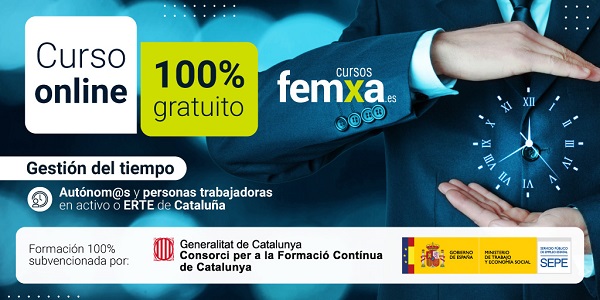 Cartel anunciador del curso gratuito online de gestión del tiempo, se visualizan logos de generalitat y el sepe y un empleado en traje con un reloj entre las manos