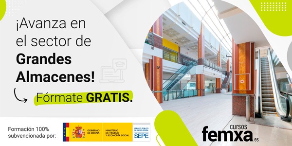 cartel anunciador de la oferta formativa para grandes almacenes, se ve la imagen de un centro comercial con grandes escaleras