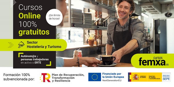 imagen de camarero poniendo un café en el cartel anunciador de los cursos subvencionados para el sector de la hostelería y el turismo