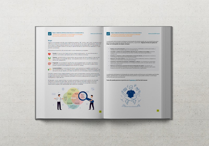Libro abierto con imagen sobre ikigai en la guía sobre bienestar y búsqueda de empleo