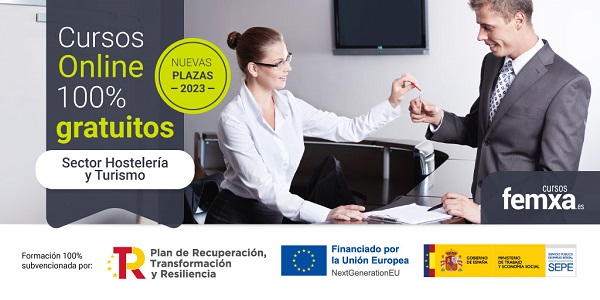 recepcionista entregando las llaves en un establecimiento hotelero singular a un cliente, imagen del cartel anunciador de los cursos online gratuitos de femxa