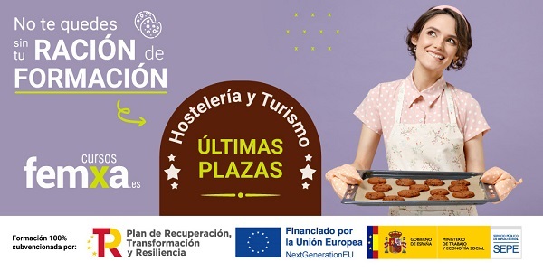 Cocinera de pelo corto con bandeja de galletas, imagen inserta en el cartel anunciador de los cursos gratuitos de femxa para hostelería