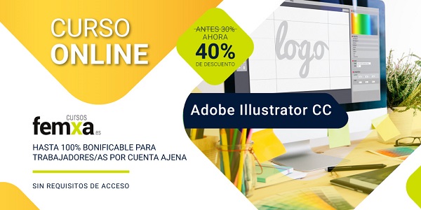 Banner del curso de Adobe Illustrator CC,  se ve el logo de femxa, un 40 % de descuento y  una pantalla de ordenador diseñando un logo