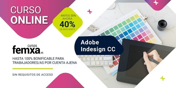 Tableta gráfica y paletas de colores en el cartel anunciador del curso online de Adobe Indesign