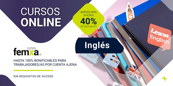 Carpetas con materiales para aprender inglés, imagen inserta en el cartel promocional de los cursos de inglés de femxa