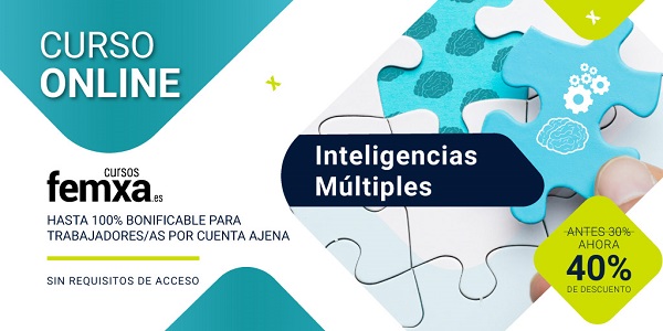 Cartel anunciador del curso privado bonificable con cuarenta por ciento de descuento de cursos femxa sobre inteligencias múltiples