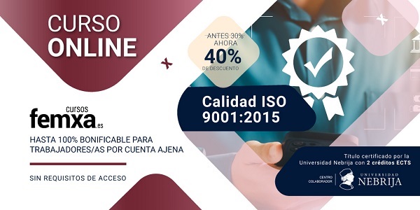 cartel anunciador del curso de iso 9001, se ven los logos de femxa y universidad nebrija y el icono de una metopa como signo de reconocimiento al sistema de calidad implantado