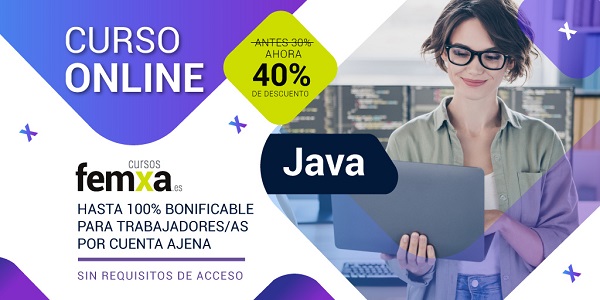 Cartel anunciador del curso de Java de Femxa, se ve a una programadora, con gafas y pelo corto con un portátil abierto en la mano