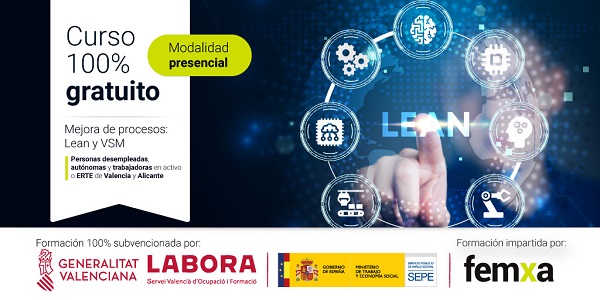 cartel anunciador del curso de lean y vsm para mejora de procesos de generalitart, labora, sepe y femxa