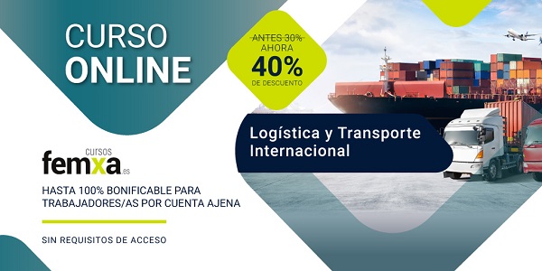 Cartel anunciador del curso de logística internacional, se ve un camión y un barco en un puerto, cargado con contenedores