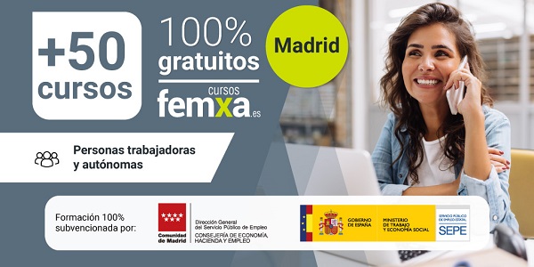 chica joven hablando con su tutor de teleformación, la imagen forma parte del cartel anunciador de los cursos gratuitos de la comunidad de Madrid para personas trabajadoras y autónomas