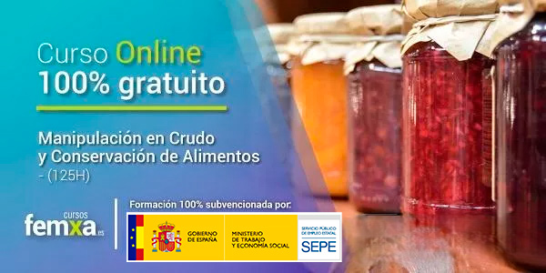 Tarros de cristal con conservas de alimentos en el cartel anunciador de cursos femxa del curso de manipulación en crudo y conservación de alimentos