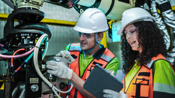 Tareas de mantenimiento industrial Hombre y mujer con pelo rizado con casco, gafas protectoras y chaleco reflectante realizan una tarea de mantenimiento industrial en una fábrica