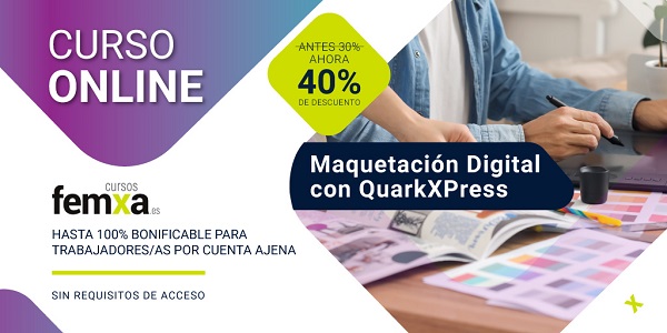 Cartel anunciador del curso de quarkxpress para maquetacion digital, se ven una manos trabajando en catálogos de colores y en una tableta gráfica