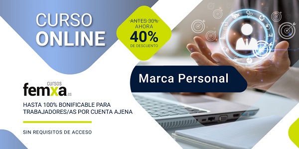 Cartel anunciador del curso online de Marca Personal de Femxa, en una parte del cartel se aprecia una foto con unas manos y un ordenador portátil