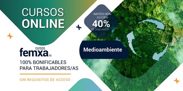 imagen de un paraje natural con árboles y un río formando unas flechas que indican sostenibilidad insertado en el cartel de los cursos online de femxa para medioambiente