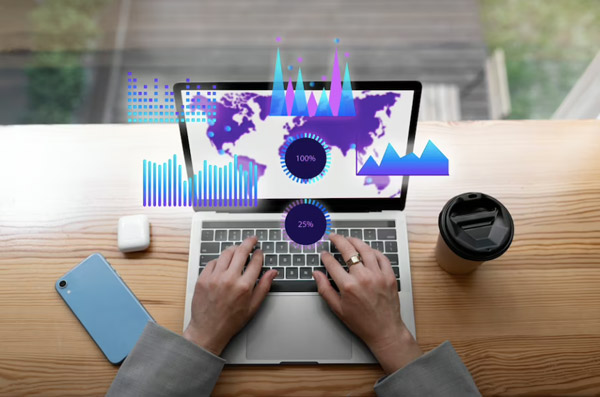 ordenador portátil con gráficos de ubicaciones mundiales de usuarios de una web