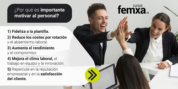 Dos chicas y un chico se chocan la mano en señal de logro profesional, imagen inserta en un cartel en el que se muestran las ventajas de porqué es importante motivar al personal