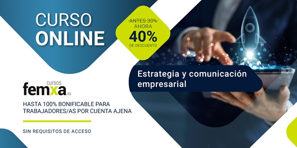 Cartel anunciador del curso de estrategia y comunicación empresarial, se aprecian unas manos manejando una tablet